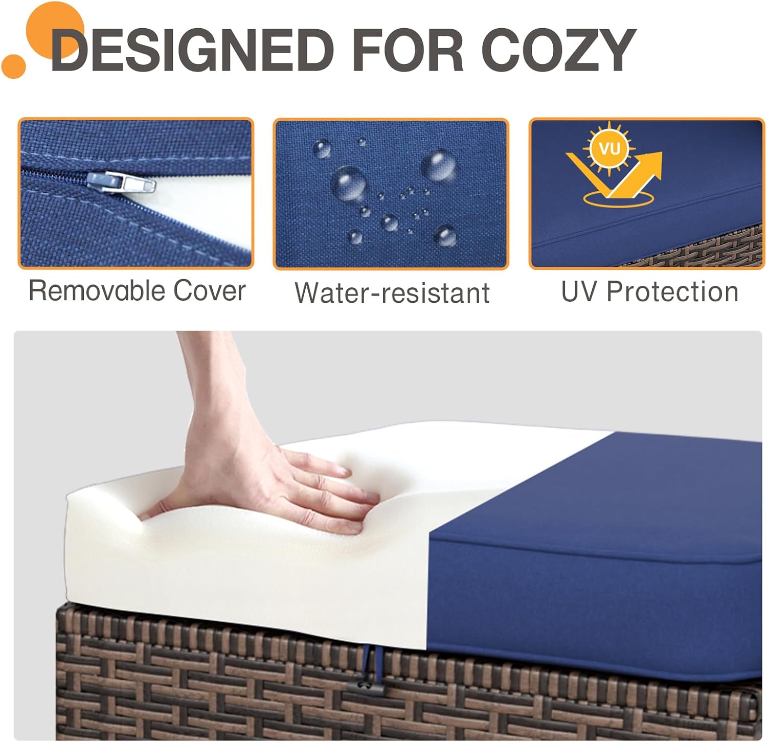 COOS BAY Harbor Retreat Wicker Outdoor Ottomans Set of 2, Patio Footrests with Removable Cushions for Couch, Deck, Backyard & Poolside, Brown/Blue