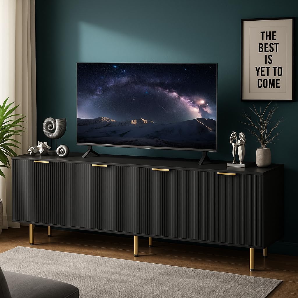 TV Stand for 80 Inch TV, Fluted TV Stand for Living Room, Mid Century Modern TV Stand with Adjustable Shelf, TV Entertainment Center with Storage for Bedroom, 70Inch, Black