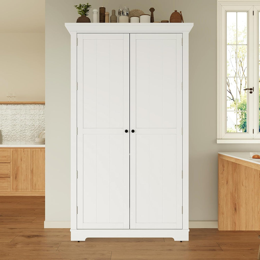 72''H Farmhouse Kitchen Pantry Cabinet, Freestanding Kitchen Pantry with Door Shelves, Adjustable Shelves, and 6 Drawers, Large Cupboard for Dining Room Living Room, White