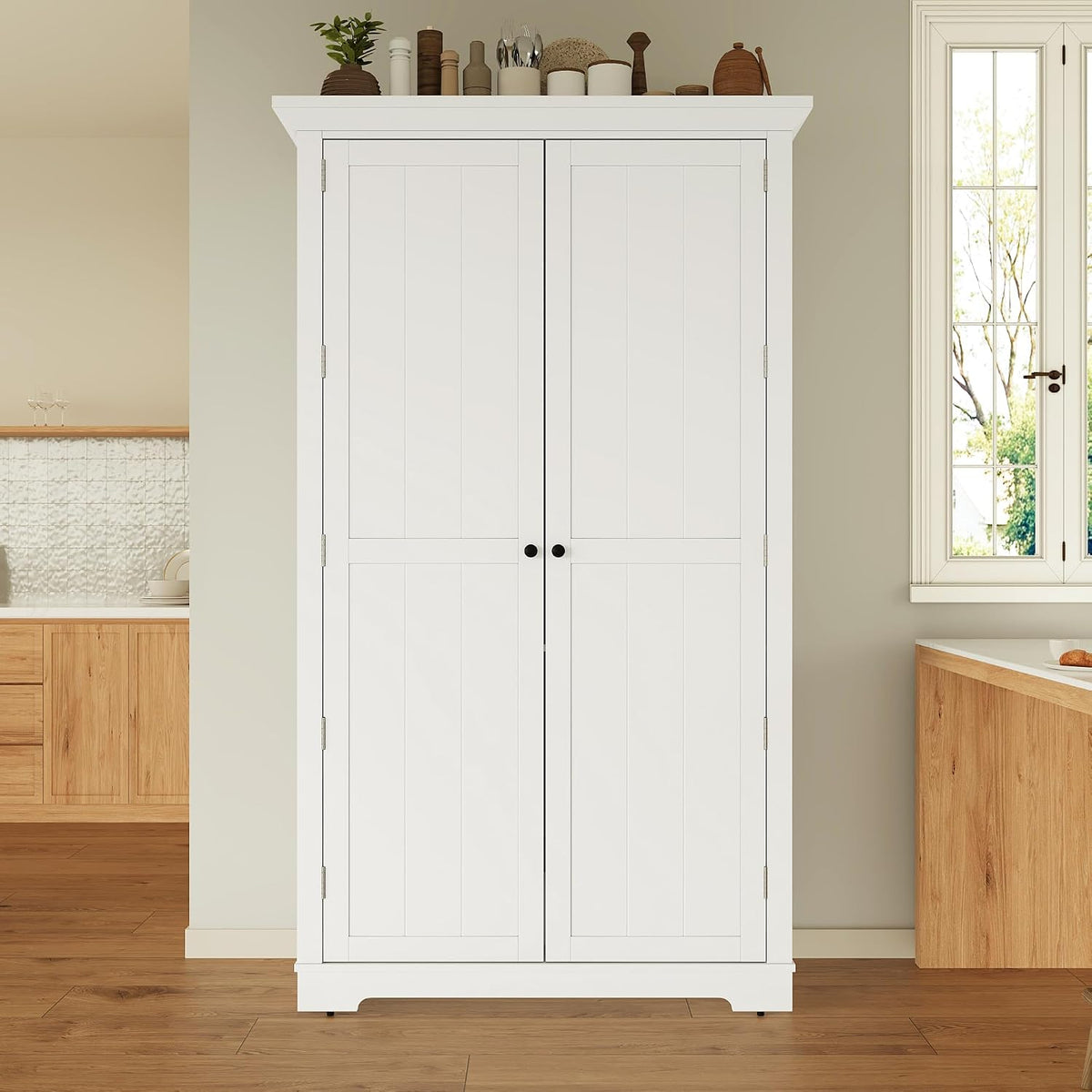 Merax 72" Tall Shaker Style Kitchen Pantry with 3 Drawers, Adjustable Shelves, Wood Cupboard Dining Storage Cabinet with Door Shelves and Pull-Out Trays for Living Room, Kitchen, Dining Room White