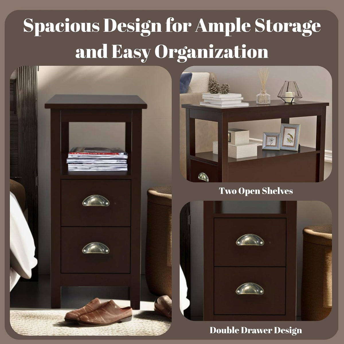 Narrow End Table with Two Drawers & Open Shelf - Brown Nightstand/Side Table for Living Room, Bedroom