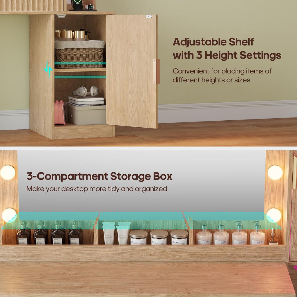 BTHFST Fluted Wood Vanity Desk with Large 31.5" Mirror and Lights, Oak | 46.1" Makeup Vanity with Charging Station, Glass Cabinet with RGB Lights, Dressing Table with 6 Drawers & Cabinet & Shelves