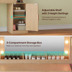 BTHFST Fluted Wood Vanity Desk with Large 31.5" Mirror and Lights, Oak | 46.1" Makeup Vanity with Charging Station, Glass Cabinet with RGB Lights, Dressing Table with 6 Drawers & Cabinet & Shelves