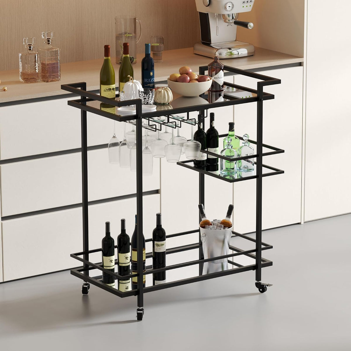 RiteSune Black Bar Carts for The Home, Wine Cart with Wheels | 3 Tier Home Serving Bar Cart Drink Cart with Mirror Shelves for Living Room, Party (28.5" D x 15" W x 32" H)