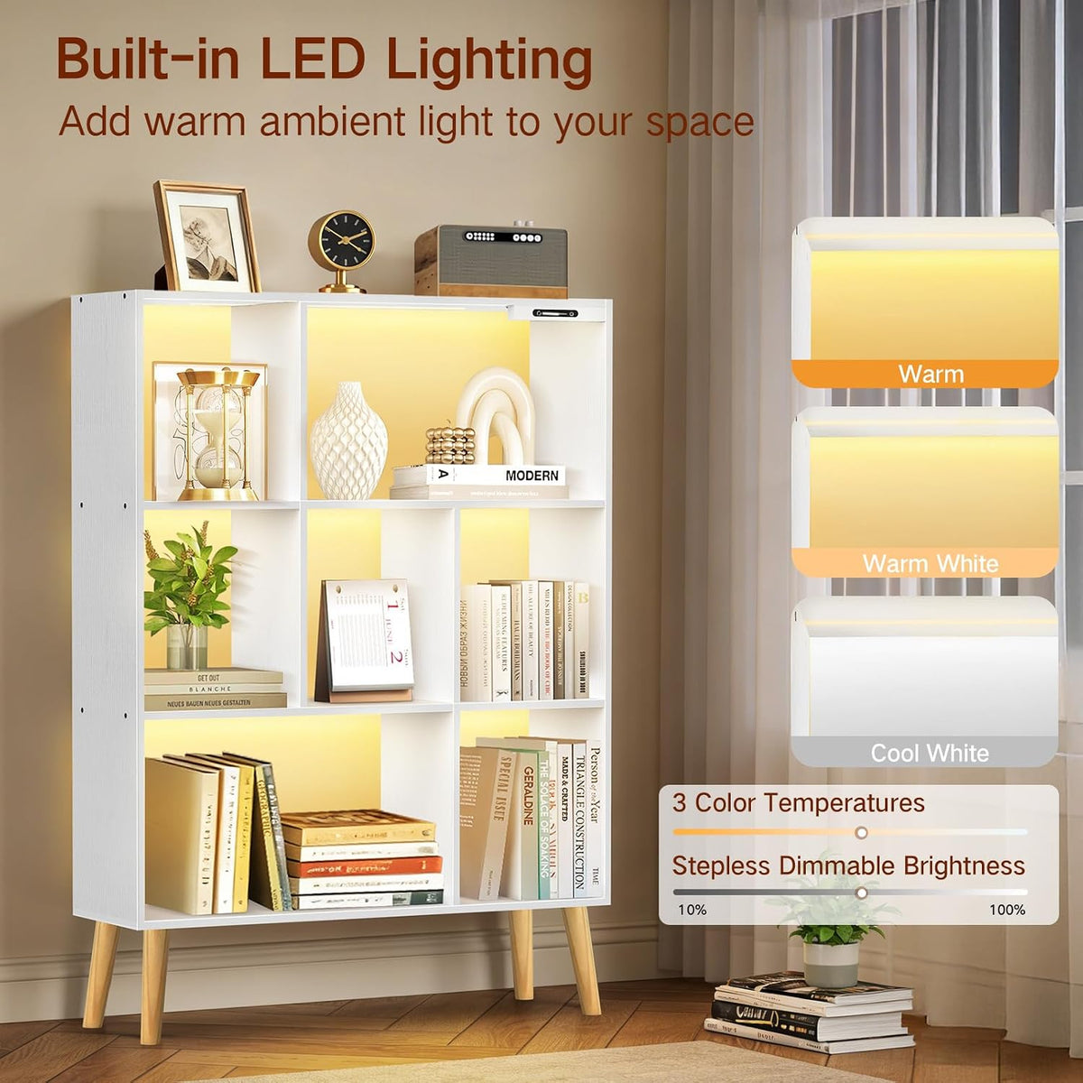7-Cube Bookshelf with LED Lights, Touch & Remote Control, Freestanding Open Bookcase Storage Shelf, Dimmable Modern Wooden Display Organizer with Legs for Living Room, Bedroom, Office(White)