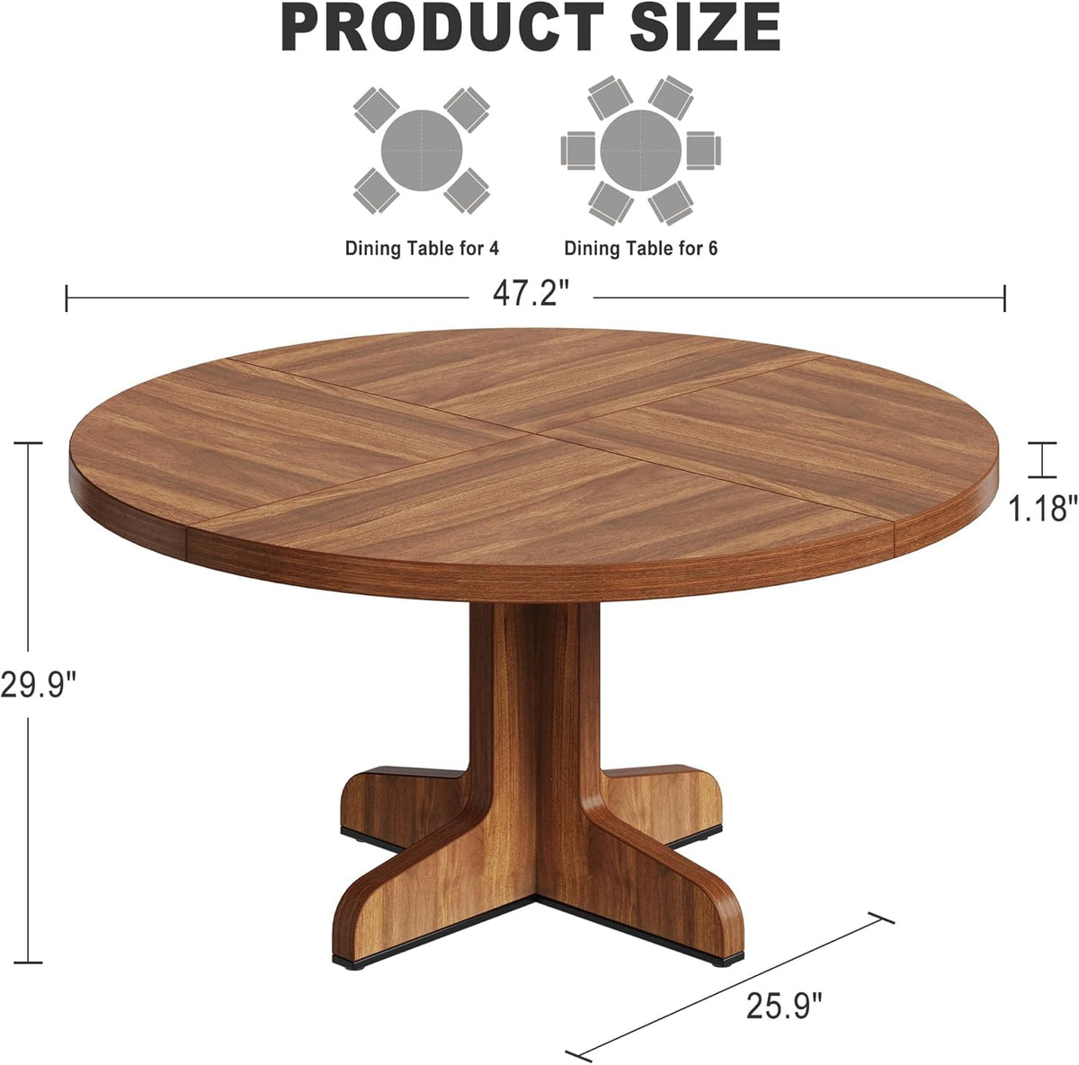 GarveeHome Kitchen Table for 4-6 People, Dining Table, Round Dining Room Table for Kitchen, 47 Inch Round Table for Dining Room, Walnut