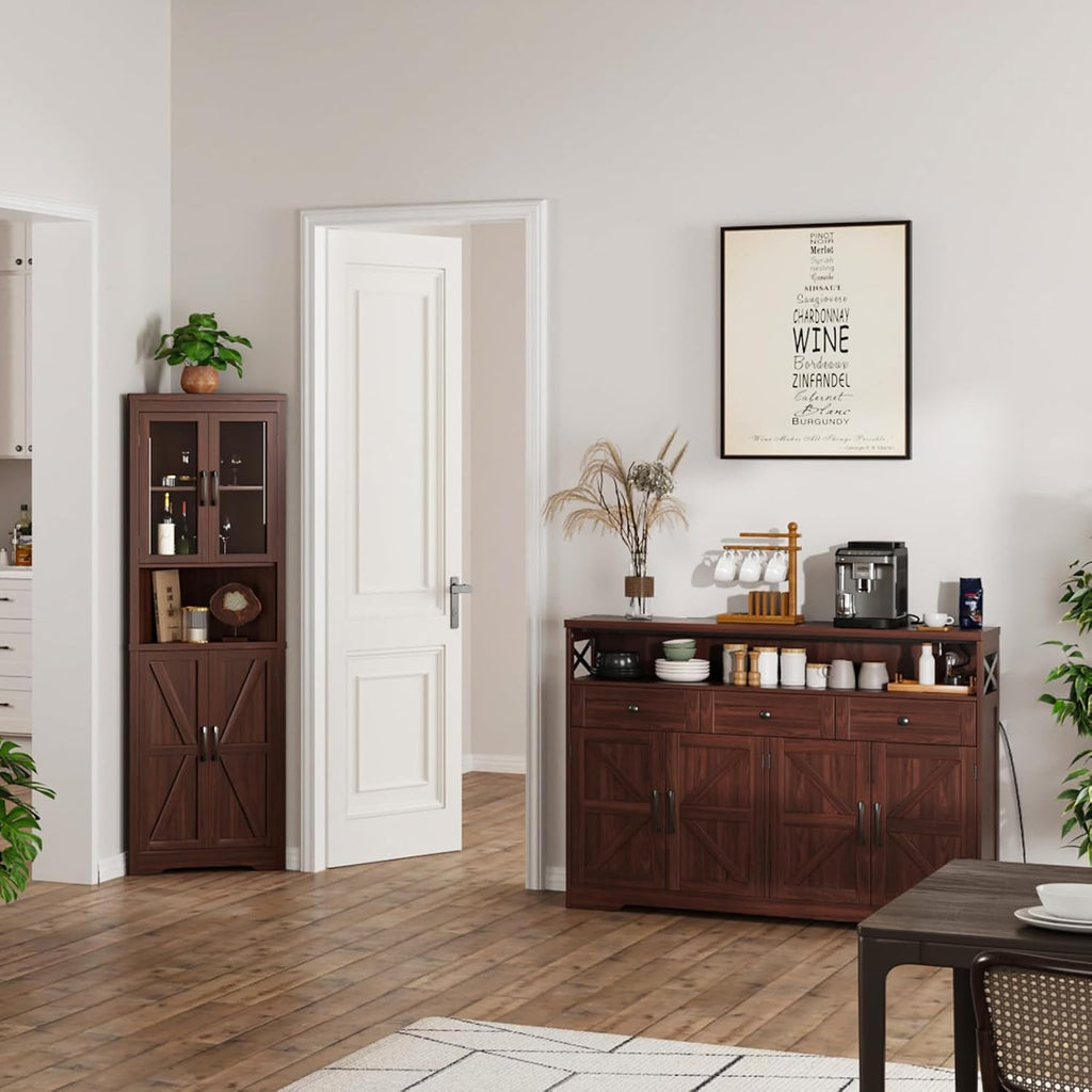 51" Dark Brown Buffet Sideboard Cabinet, Farmhouse Storage Cabinet Kitchen Pantry with Shelf and Drawers, Wood Cupboard Hutch Cabinet, Coffee Bar Station Table for Kitchen, Living Room, Dining Room
