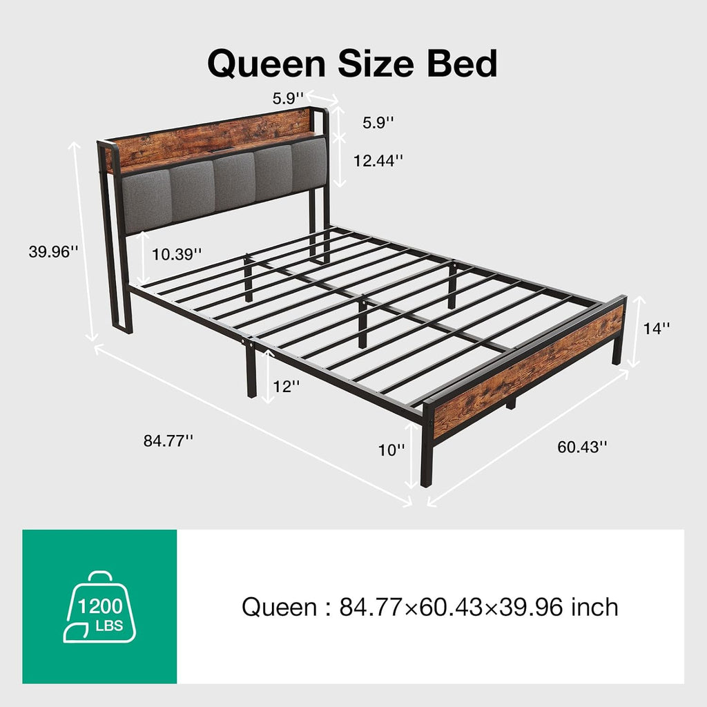 Novilla Queen Bed Frame with Charging Station & Storage Headboard, Modern Upholstered Platform Bed Frame, Heavy Duty Metal Slats, Noise Free, No Box Spring Needed