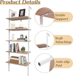 Karl home Oak 5 Tier Wall Mount Ladder Shelf, Metal Frame Open Bookcase