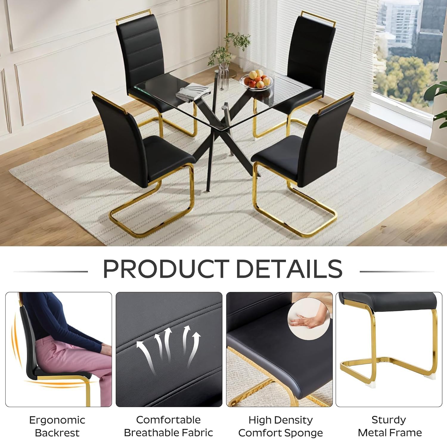 Dining Chairs Set 4, Armless Black Kitchen Chairs,Waterproof Faux Leather Dinner Chairs with Upholstered Seat,Armless Side Chairs with Gold Metal Frame for Kitchen Dining Room