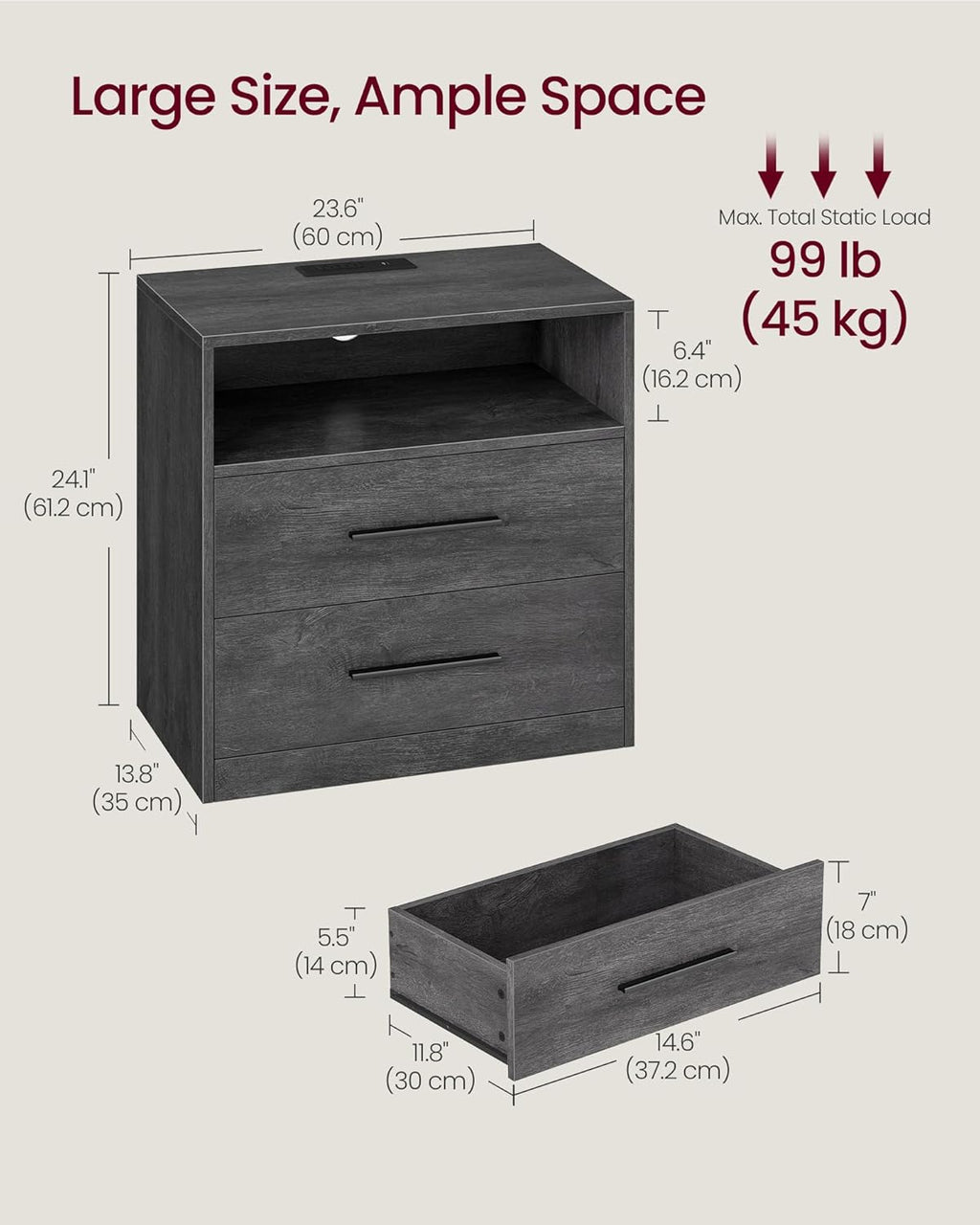 VASAGLE 23.6‑Inch Wide Nightstands, Set of 2, LED Lights, 2 Drawers
