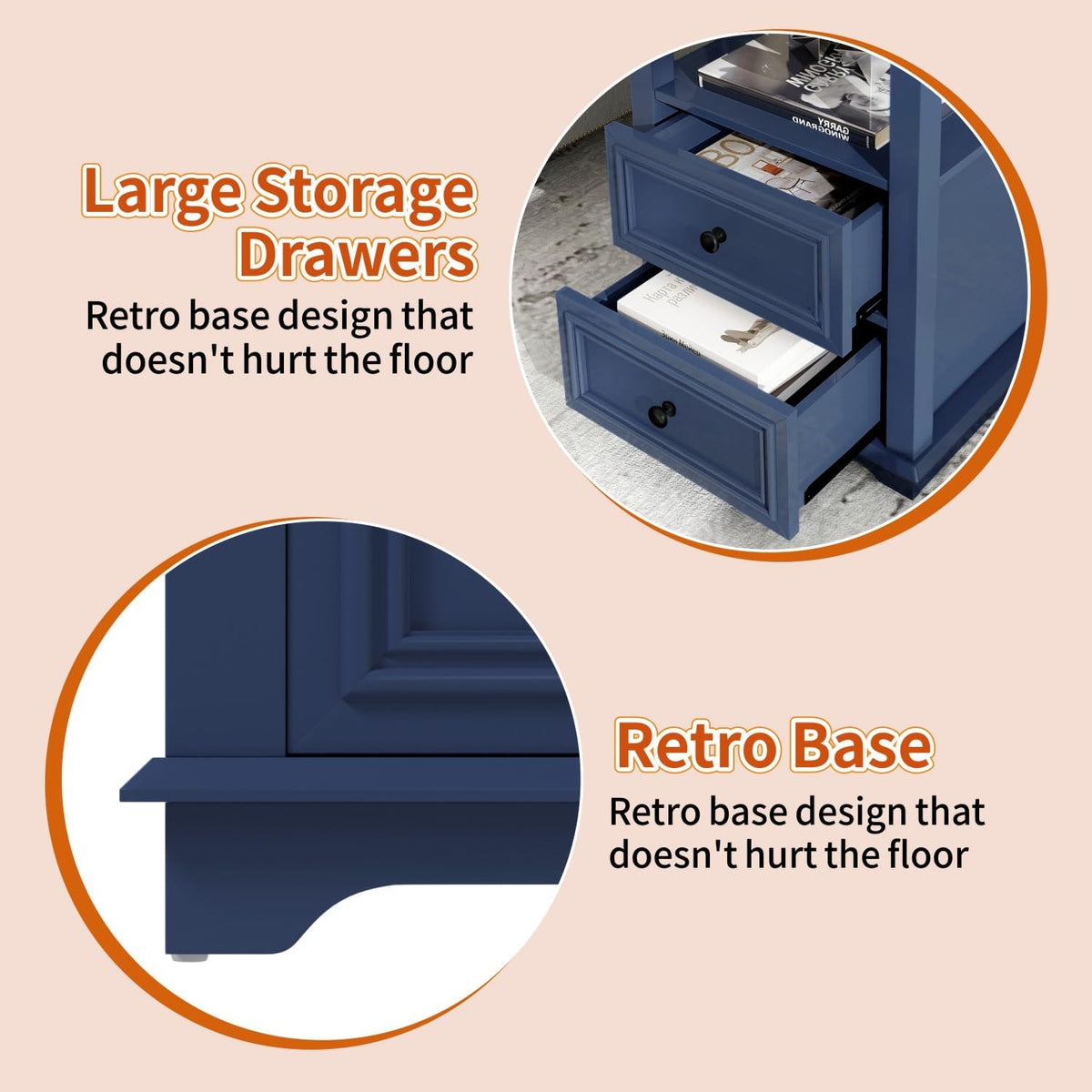 MUUEGM 18" End Tables for Living Room Farmhouse Night Stand with Charging Station Navy Blue Side Tables for Bedroom with 2 Drawers Bedside Table Rustic Wood