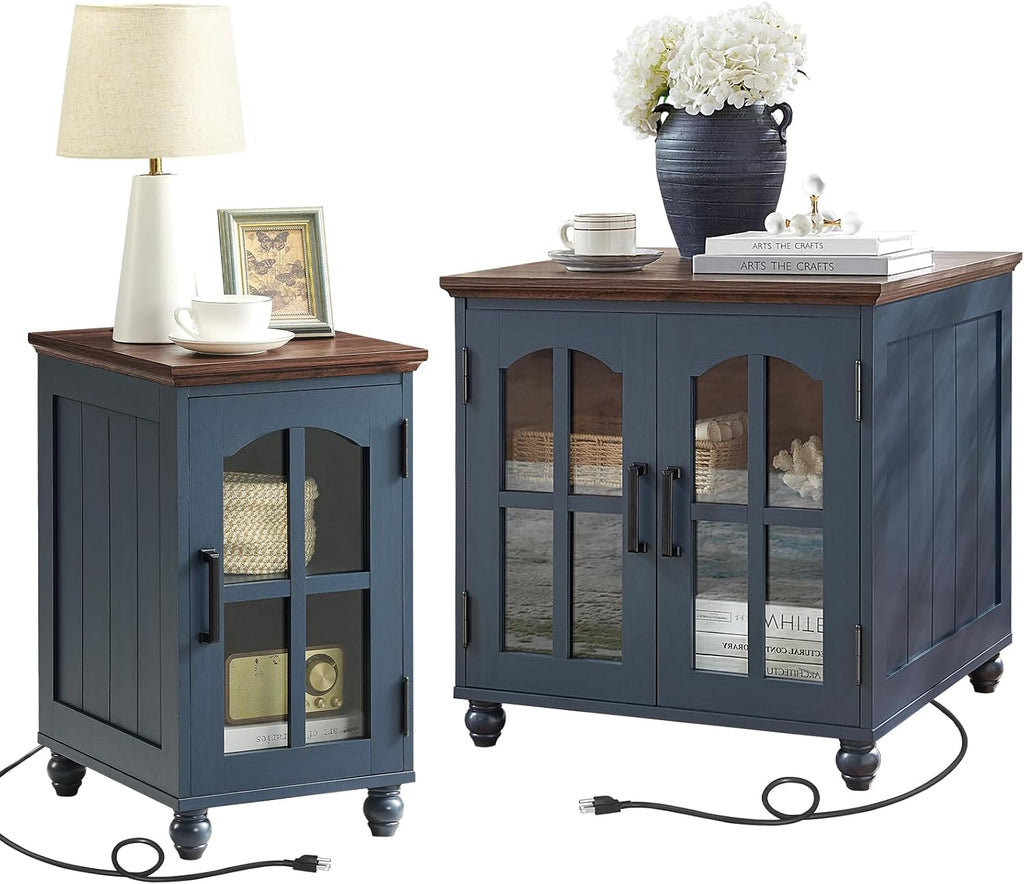 RWYHG Farmhouse End Table Set of 2 with Charging Station, 18'' Narrow Side Table and 24" Large Sofa Side Table with Glass Barn Door Storage, Wood Night Stand Bedside Table for Living Room,Bedroom