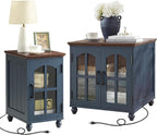 RWYHG Farmhouse End Table Set of 2 with Charging Station, 18'' Narrow Side Table and 24" Large Sofa Side Table with Glass Barn Door Storage, Wood Night Stand Bedside Table for Living Room,Bedroom