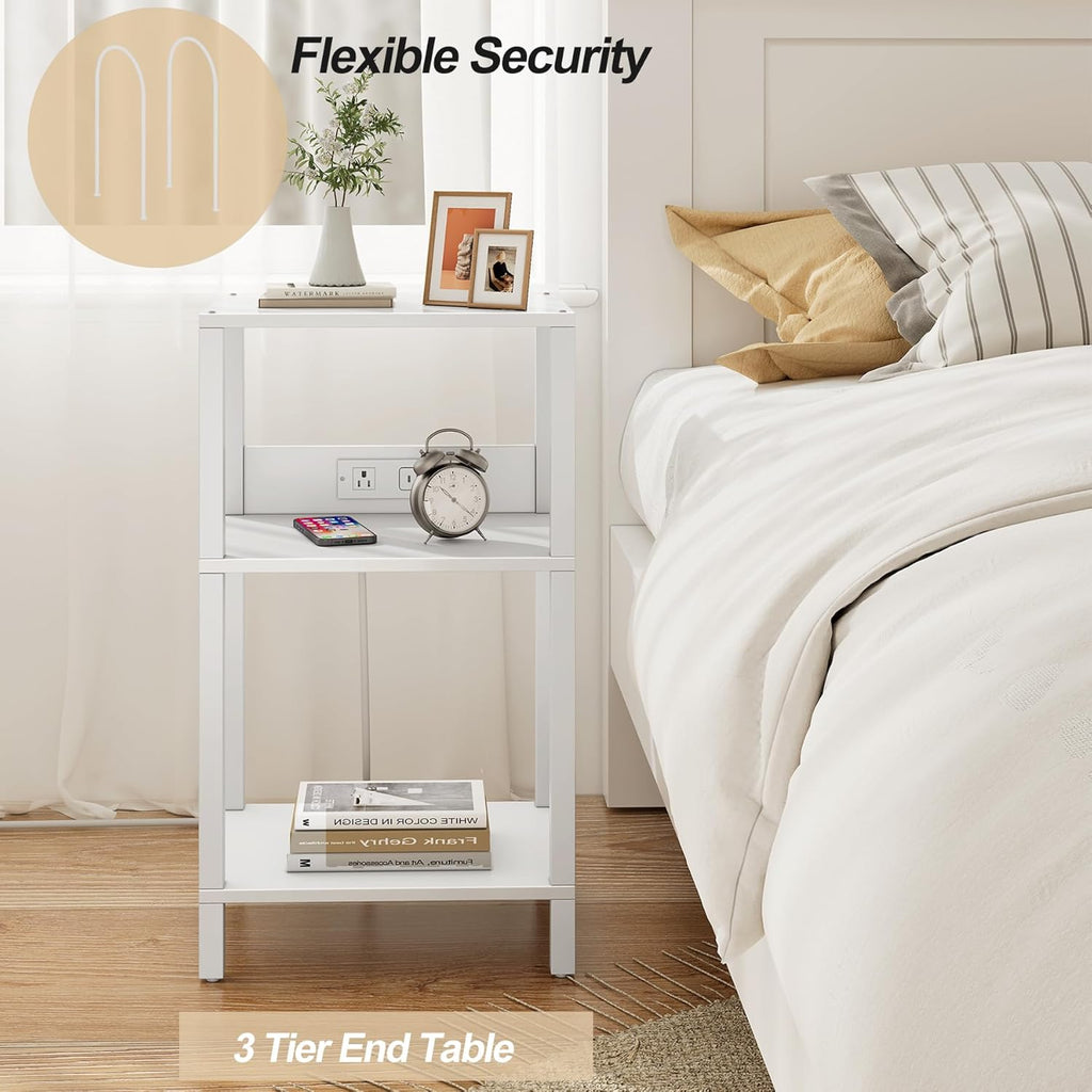 TUTOTAK Record Player Stand with Storage Up to 100 Albums | Record Storage Table, 3 Tier End Table with Charging Station, Side Table for Living Room, Bedroom, White TB01BW076
