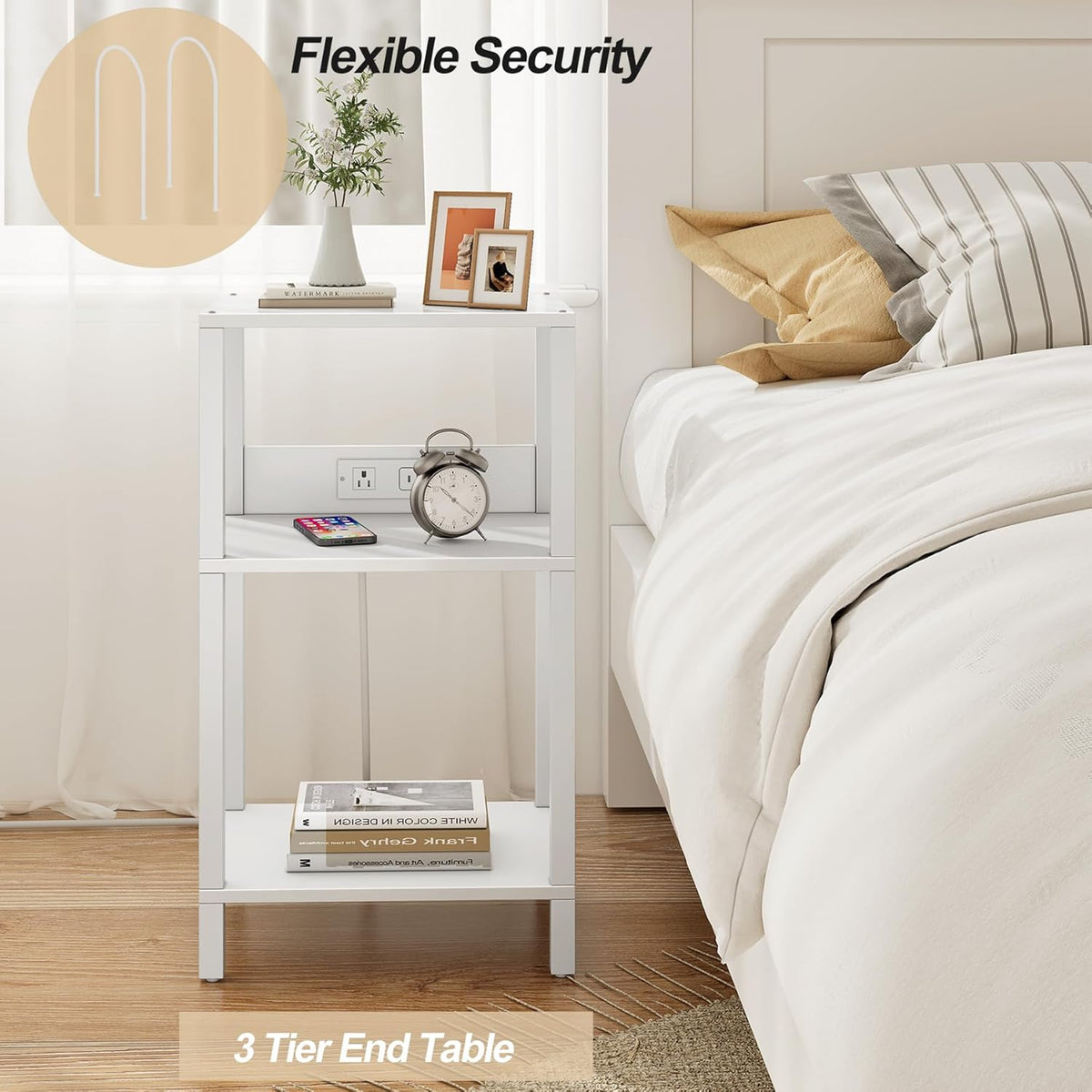 TUTOTAK Record Player Stand with Storage Up to 100 Albums | Record Storage Table, 3 Tier End Table with Charging Station, Side Table for Living Room, Bedroom, White TB01BW076