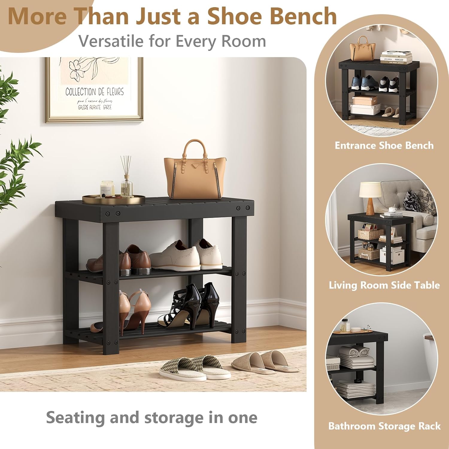 Sweetcrispy Shoe Rack Bench, 3-Tier Bamboo Entryway Storage Organizer, 286lb Capacity, Shoes Stand for FrontDoor Entrance, Bedroom, Living Room, Bathroom, Balcony, 19 Inches Length, Black