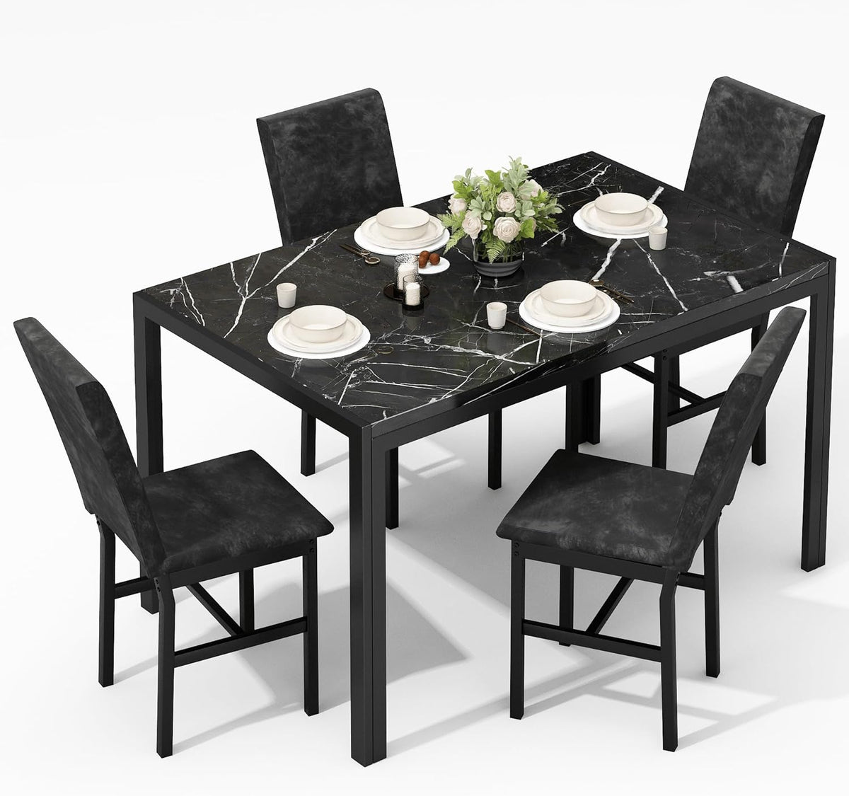 AWQM Products 5-Piece Marble Dining Set, Modern Kitchen Table and Chairs for Dining Room, Compact Space Saving Furniture, Dinette, 4 Upholstered Velvet Chairs - Black