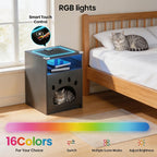 Cat House Night Cabinet with Charging Station & LED Lights, Modern Wooden Night Stand with Cozy Hidden Cat Condo, Dark Grey End Cabinet with Open Shelf, Home Accent Furniture