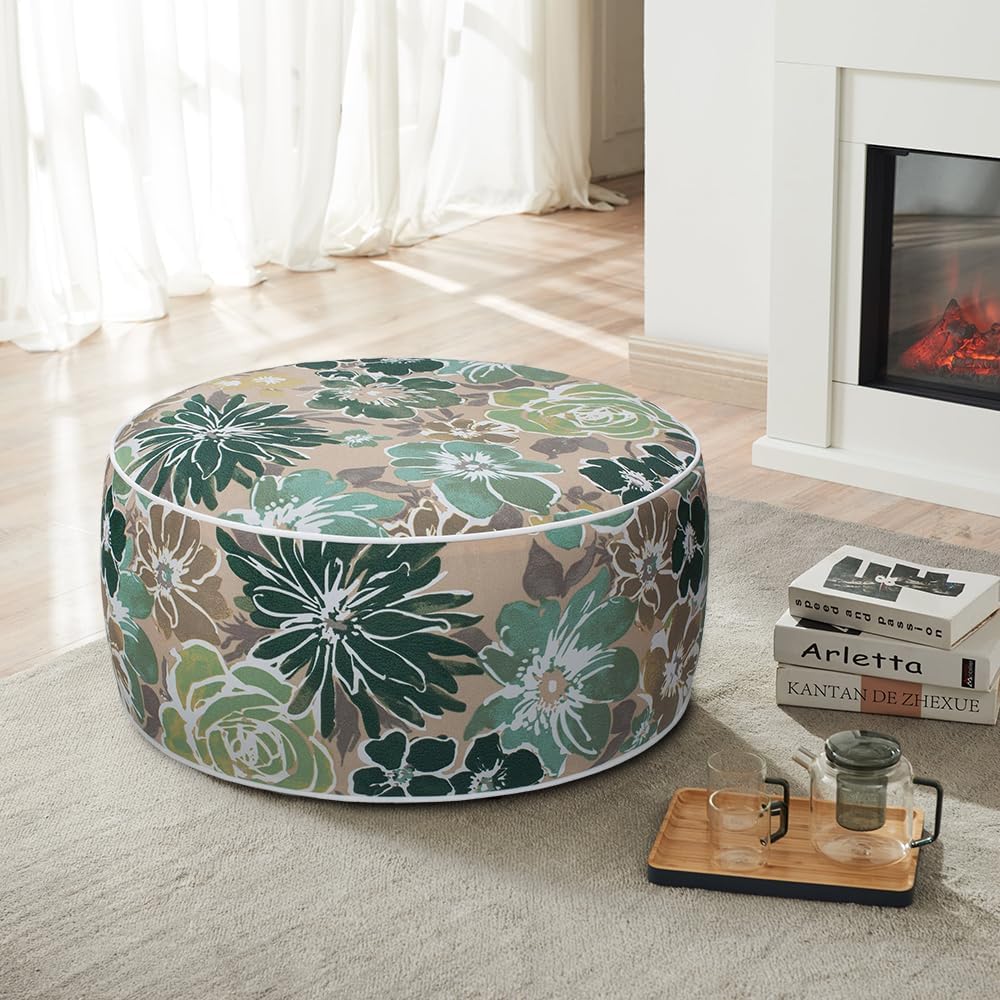 Magpie Fabrics Inflatable Stool Ottoman Pouf D20 xH9, Outdoor Round Footrest Footstool, Portable for Patio Garden Travel Camping - Green Floral