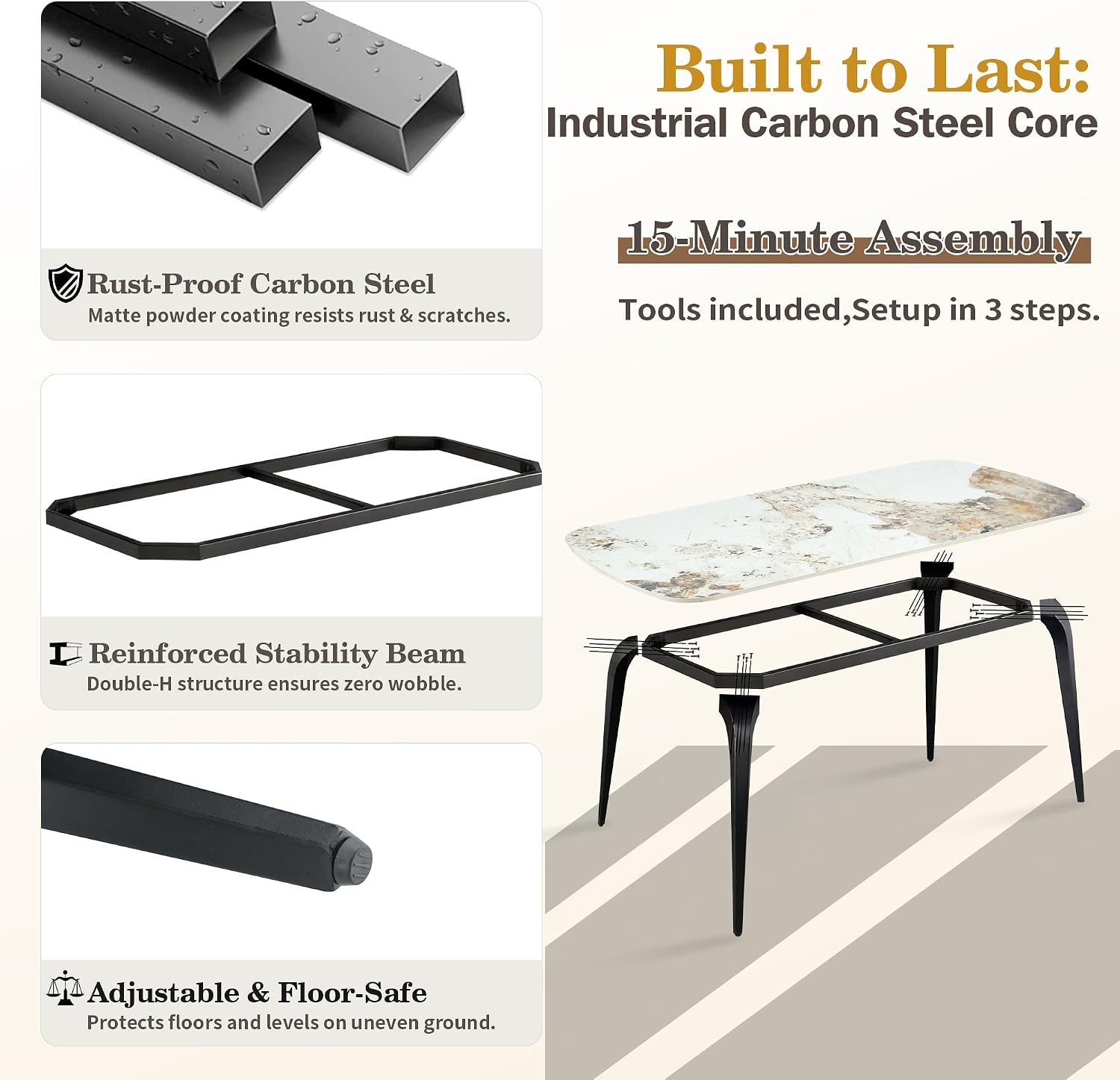 Modern Rectangular Dining Table,63”Sintered Stone Dining Table for 4-6, Stone Top with Carbon Steel Frame for Small Space,Kitchen Office,Apartment,Cafe（Marble）