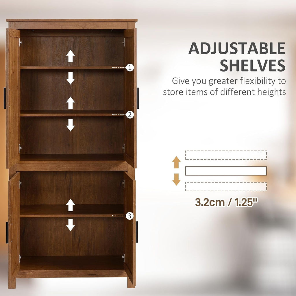 64in Tall Freestanding 4-Door Kitchen Storage Pantry Cabinet with 5-Tier Interior Shelves 3 Adjustable 88lb Maximum Capacity Oak Finish