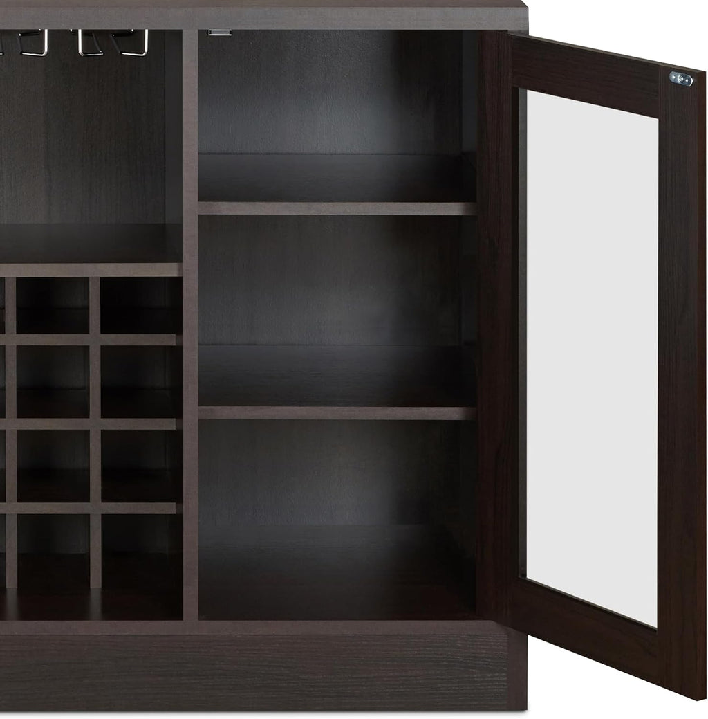 Knocbel Wooden Storage Wine Cabinet with Glass Door and 2 Interior Shelves, Console Table Buffet Sideboard Server with Drawers and Open Compartments for Kitchen 16" D x 47" W x 33" H Espresso
