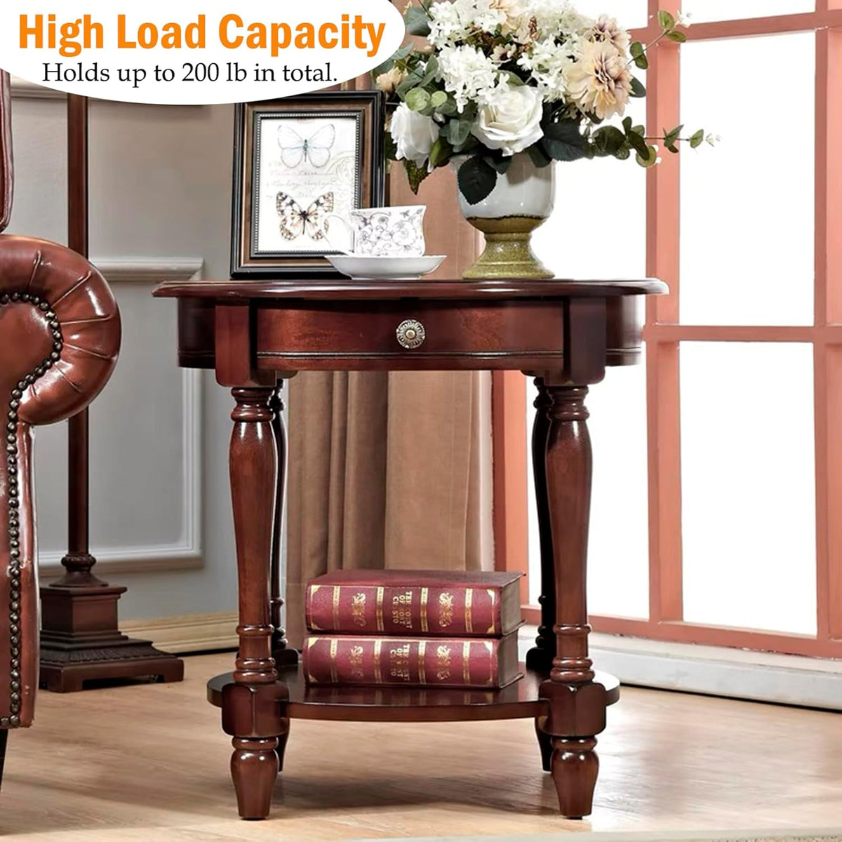 YUNMUAIR-Solid Wood End Table,Round Side Table with Drawers,Vintage Nightstand,Sofa Side Tables with Storage Shelf,Traditional Retro End Tables for Small Spaces,Living Room,Bedroom,Dark Brown
