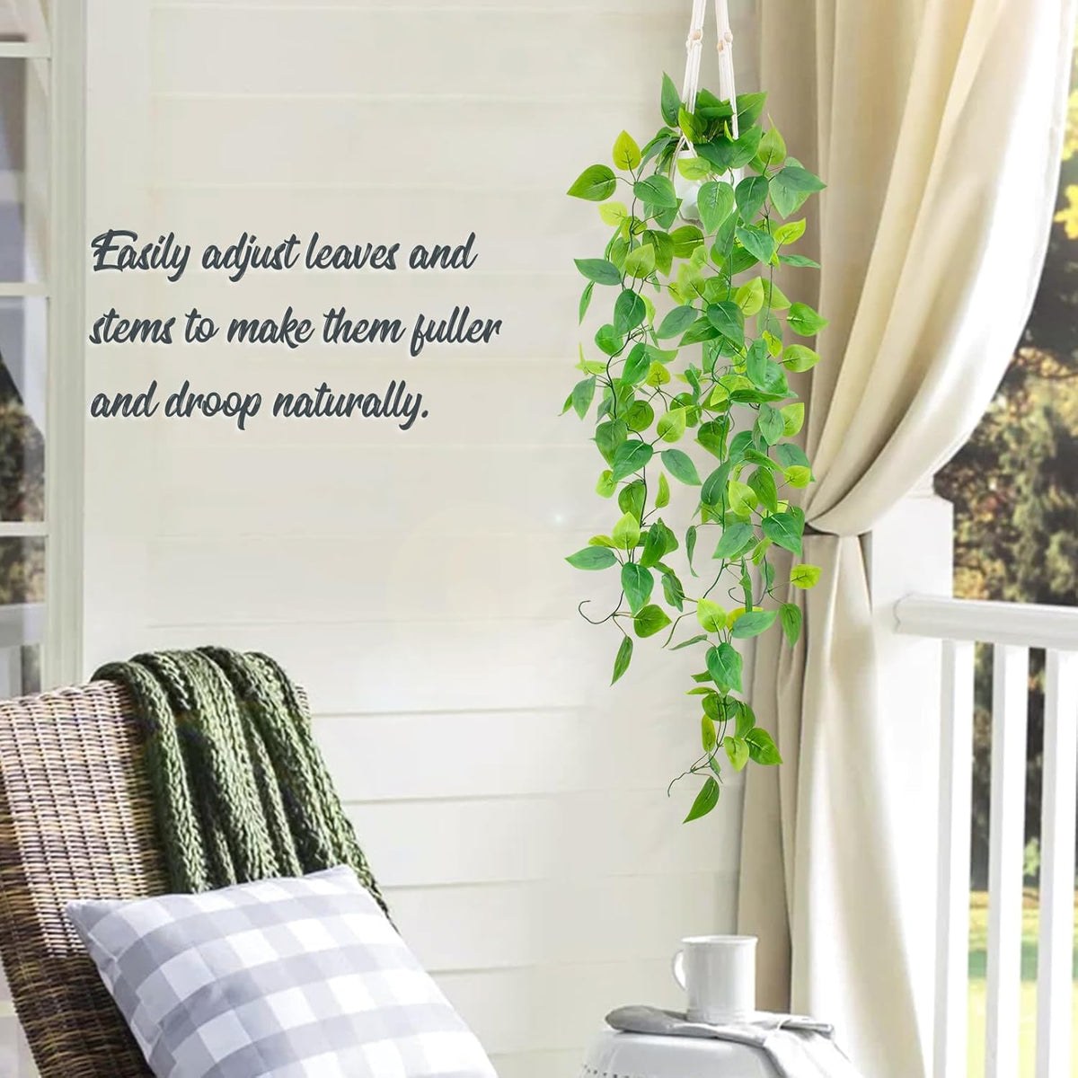 LOYWREE 1 Pack Artificial Hanging Plant Kit with Pot and Hanger - 39" Long Fake Pothos Vines - Hanging Potted Faux Plant Indoor for Wall Ceiling Bedroom Bathroom Living Room Home Decor (White Pot)