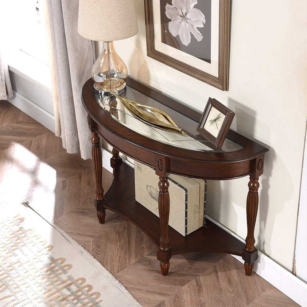 PADMA HOUSE 2-Tier Traditional Wood Semi-Circle Sofa Table with Glass Top | Cherry Walnut 45.3"W*17.7"D*30.9"H, Half-moon Console Table with Shelf for Living Room, Glass Entry Table for Homeoffice