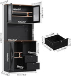71" Tall Coffee Bar Cabinet with Storage Hutch, Farmhouse Kitchen Pantry Cabinet with LED Lights Microwave Stand and Glass Holder for Home Dining Room Kitchen (Black)
