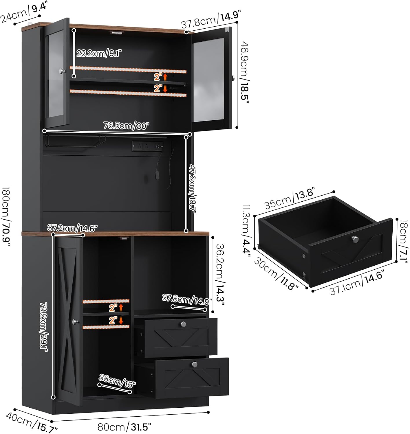 71" Tall Coffee Bar Cabinet with Storage Hutch, Farmhouse Kitchen Pantry Cabinet with LED Lights Microwave Stand and Glass Holder for Home Dining Room Kitchen (Black)