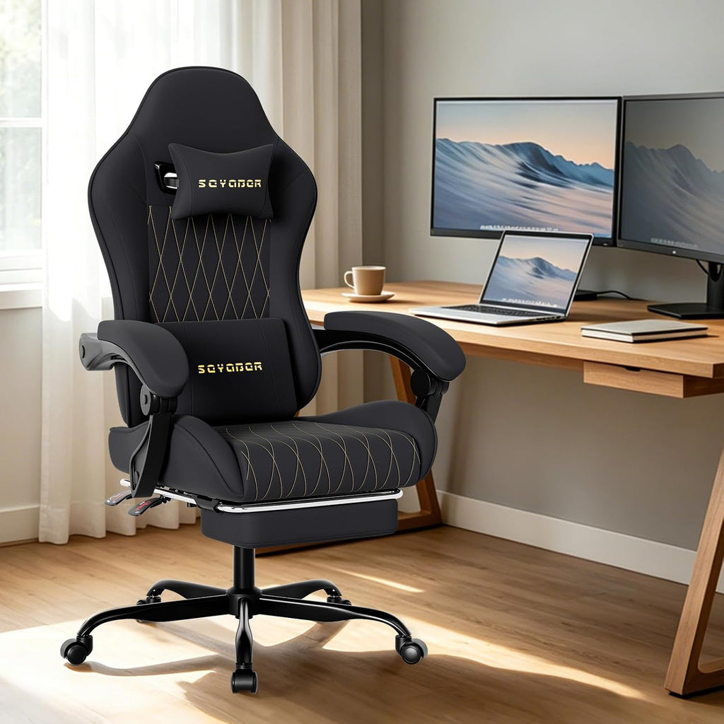 Breathable Fabric Gaming Chair with Footrest, Ergonomic High Back Computer Chair with Gold Diamond Stitching, Height Adjustable Swivel Office Chair with Lumbar Support for Adults,Black