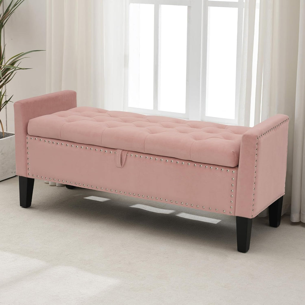 Storage Ottoman Bench, Velvet Upholstered Footstool for Bedroom and Living Room, Frosted Flannel Seat with Storage, Wooden Legs & Metal Rivets, Pink