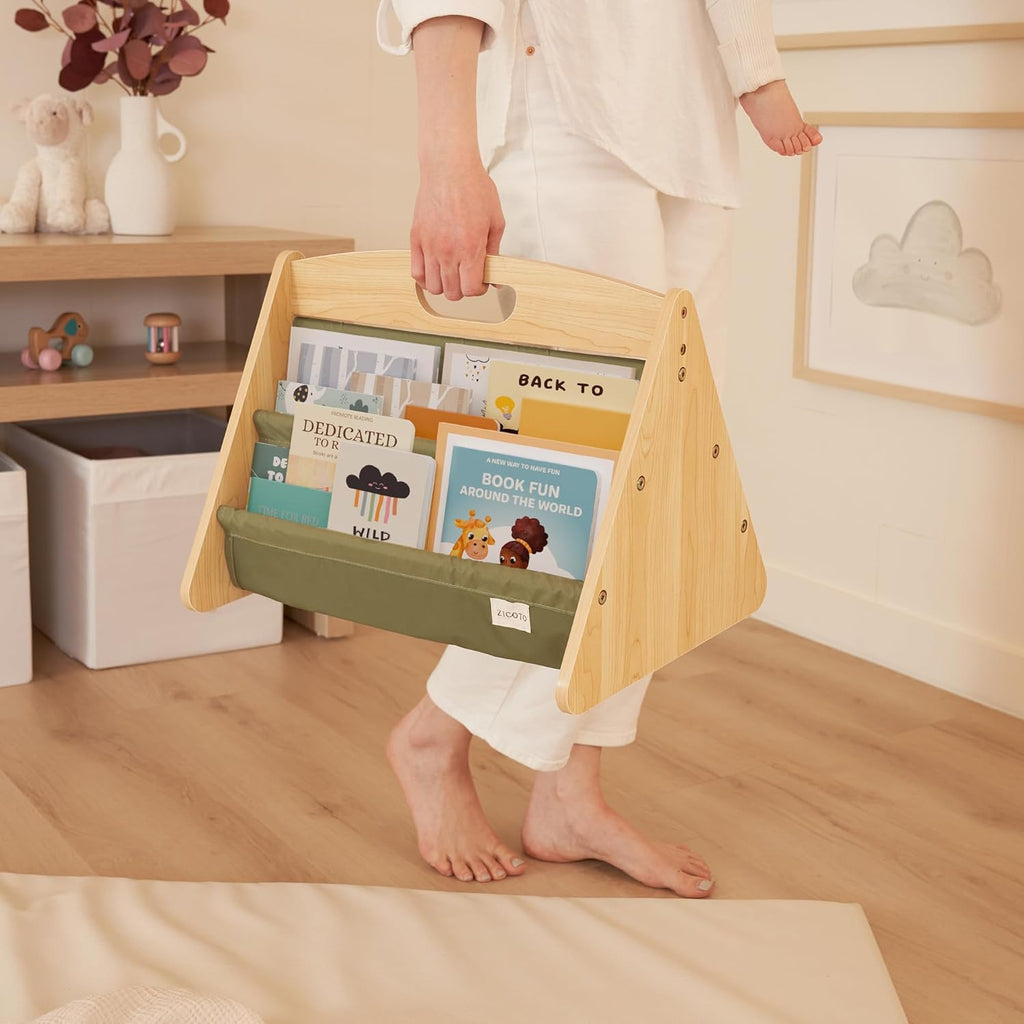 Decorative Wooden Bookshelf with Handle for Kids Rooms - Montessori Shelf | Keeps Books Neatly Organized and Within Reach for Toddlers - Easy Install Book Shelf for Baby's Bedroom or Playroom Decor