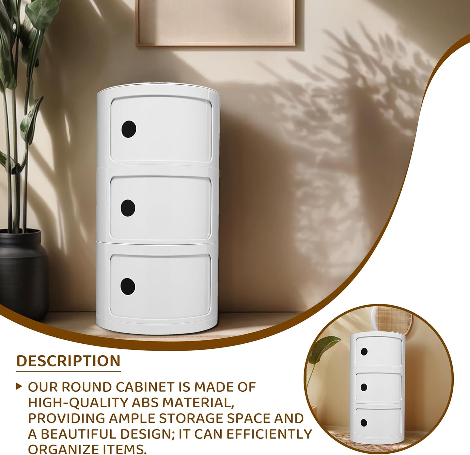 3 Tier Round with Storage, Modern Style Side Table, Multifunctional End Table Storage Cabinet for Living Room, Bedroom, Bathroom (White)