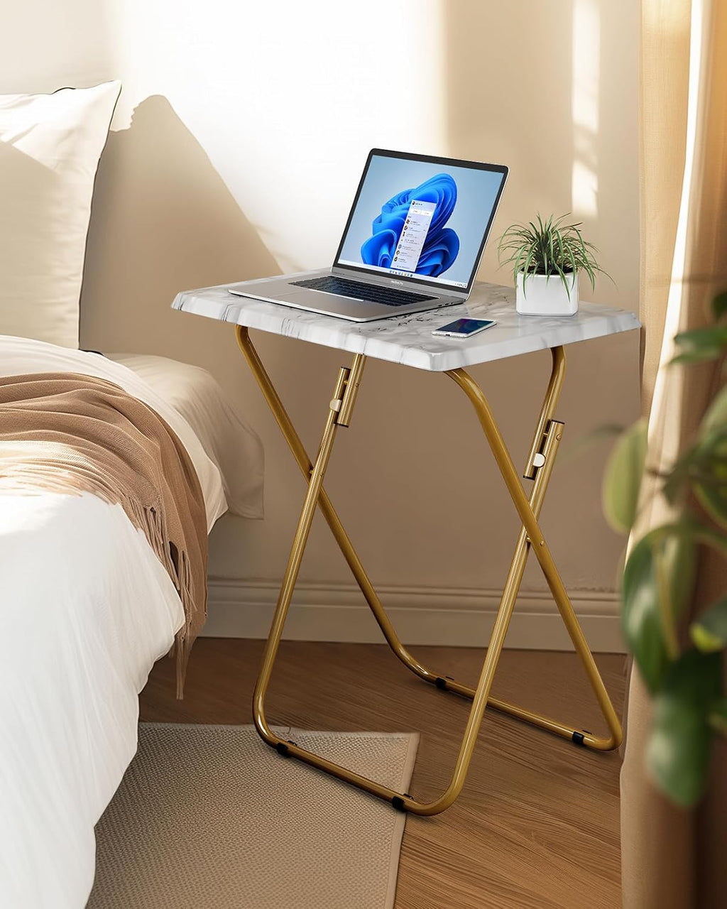 HUANUO Folding TV Tray Table, No Assembly TV Tray with Marble-Look Top | Versatile TV Tray Table - Perfect for Meals, Snacks & Laptops Fits Sofas, Bedsides & Small Spaces - Folds Flat for Storage