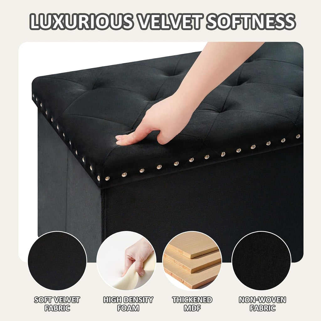 PINPLUS Folding Storage Ottoman Bench, Black Velvet | Large Storage Chest with Padded Seat, Footrest Stool and End of Bed Bench for Bedroom, Living Room and Entryway