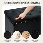 PINPLUS Folding Storage Ottoman Bench, Black Velvet | Large Storage Chest with Padded Seat, Footrest Stool and End of Bed Bench for Bedroom, Living Room and Entryway