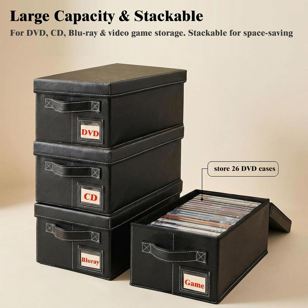 DVD Storage Box 6 Pack, PU Leather DVD Organizer Stackable, Holds 156 DVDs, Disc Organizer for Blu ray CD Video Game, Home Entertainment Media Holder