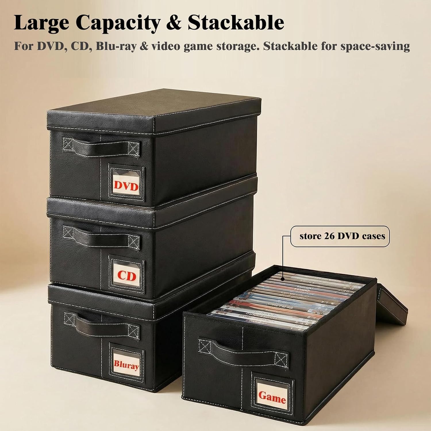 DVD Storage Box 6 Pack, PU Leather DVD Organizer Stackable, Holds 156 DVDs, Disc Organizer for Blu ray CD Video Game, Home Entertainment Media Holder