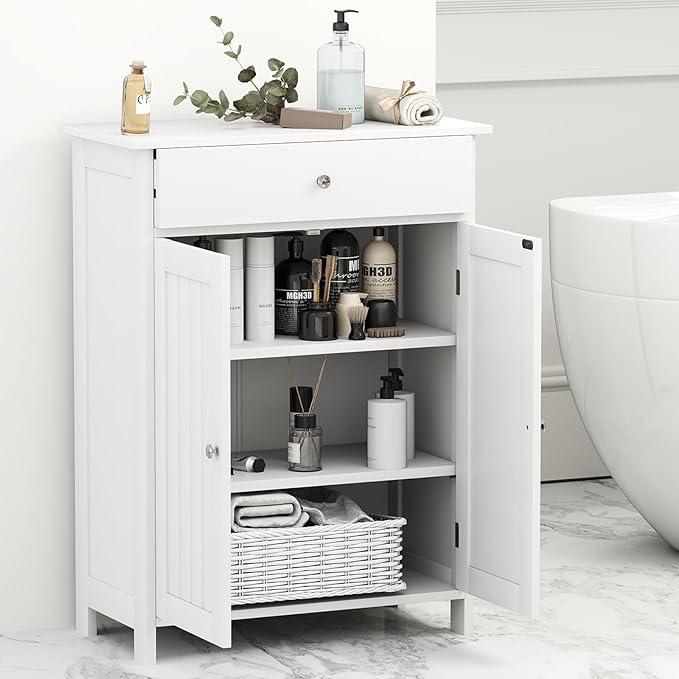 Tangkula Bathroom Storage Cabinet, Freestanding Floor Organizer w/ 2 Doors, 1 Drawer & 1 Adjustable Shelf, Modern Home Bathroom Furniture for Living Room Entryway Kitchen (Cabinet & Drawer, White)