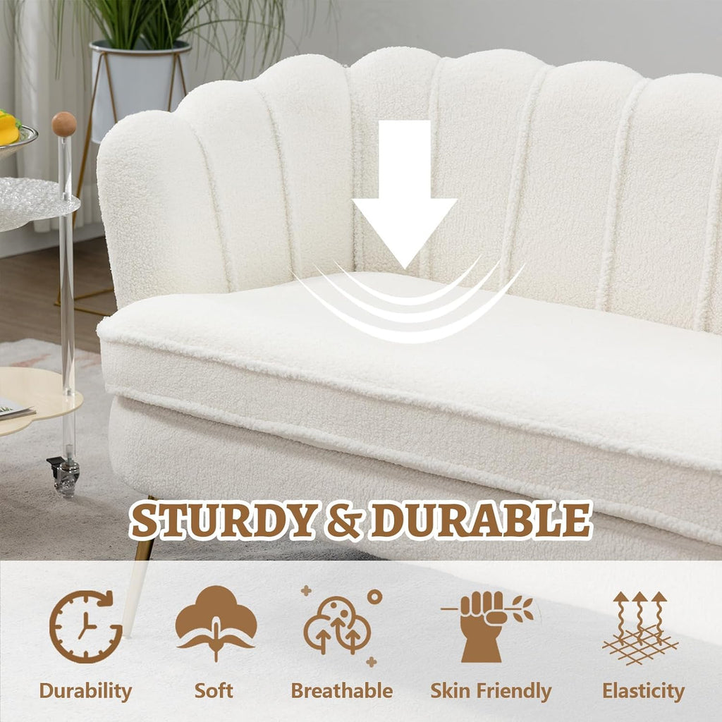 59" Small Loveseat Sofa 2-Seater, Modern Chenille Couch with Gold Metal Legs & Floral Backrest, Compact Apartment Sofa for Living Room, Bedroom, Office, Dorm (Boucle, Ivory)