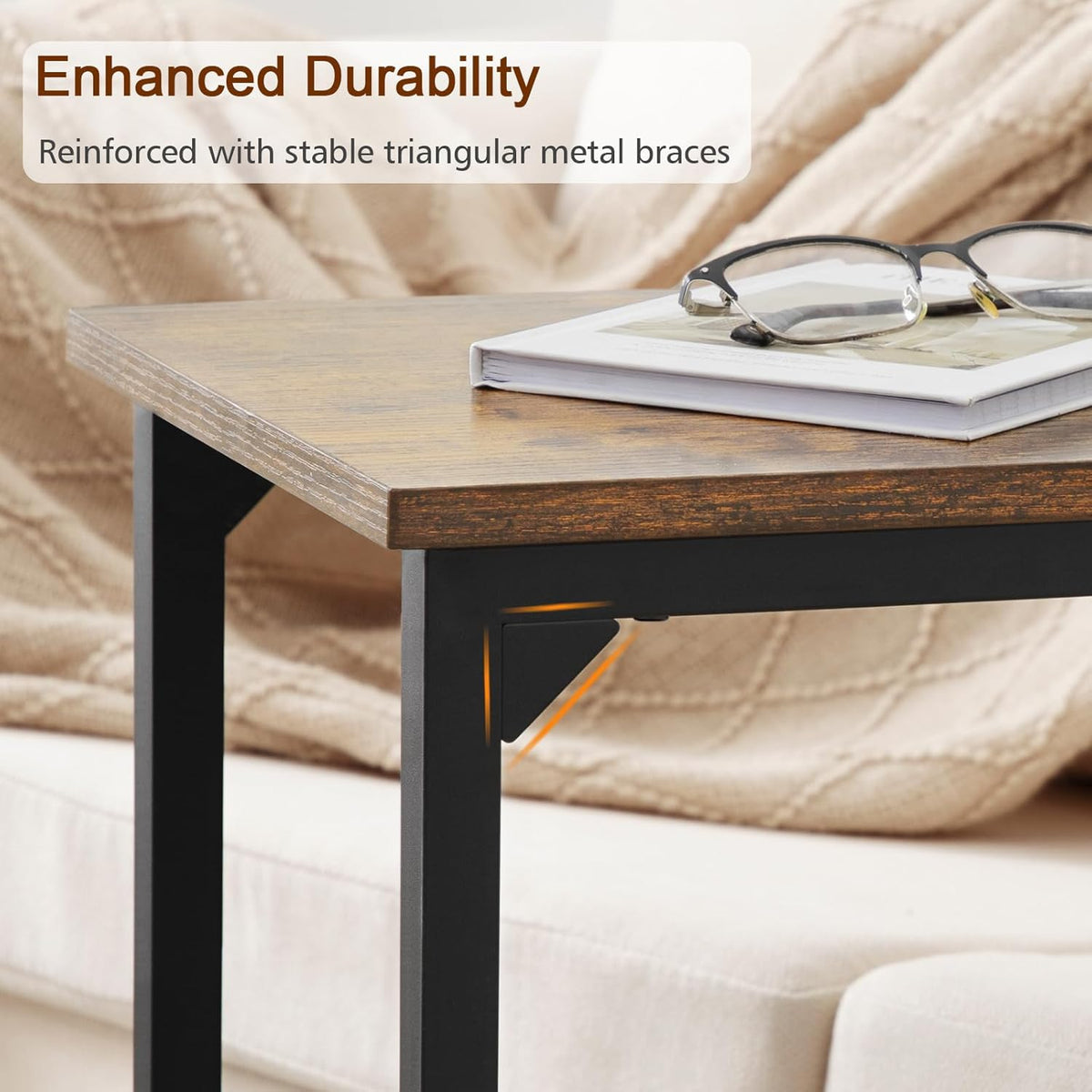 AMHANCIBLE C Shaped End Table Set of 2, Couch Side Table that Slide Under Sofa, Narrow Small Space TV Trays for Living Room, Bedroom, Rustic Brown HET02CBR