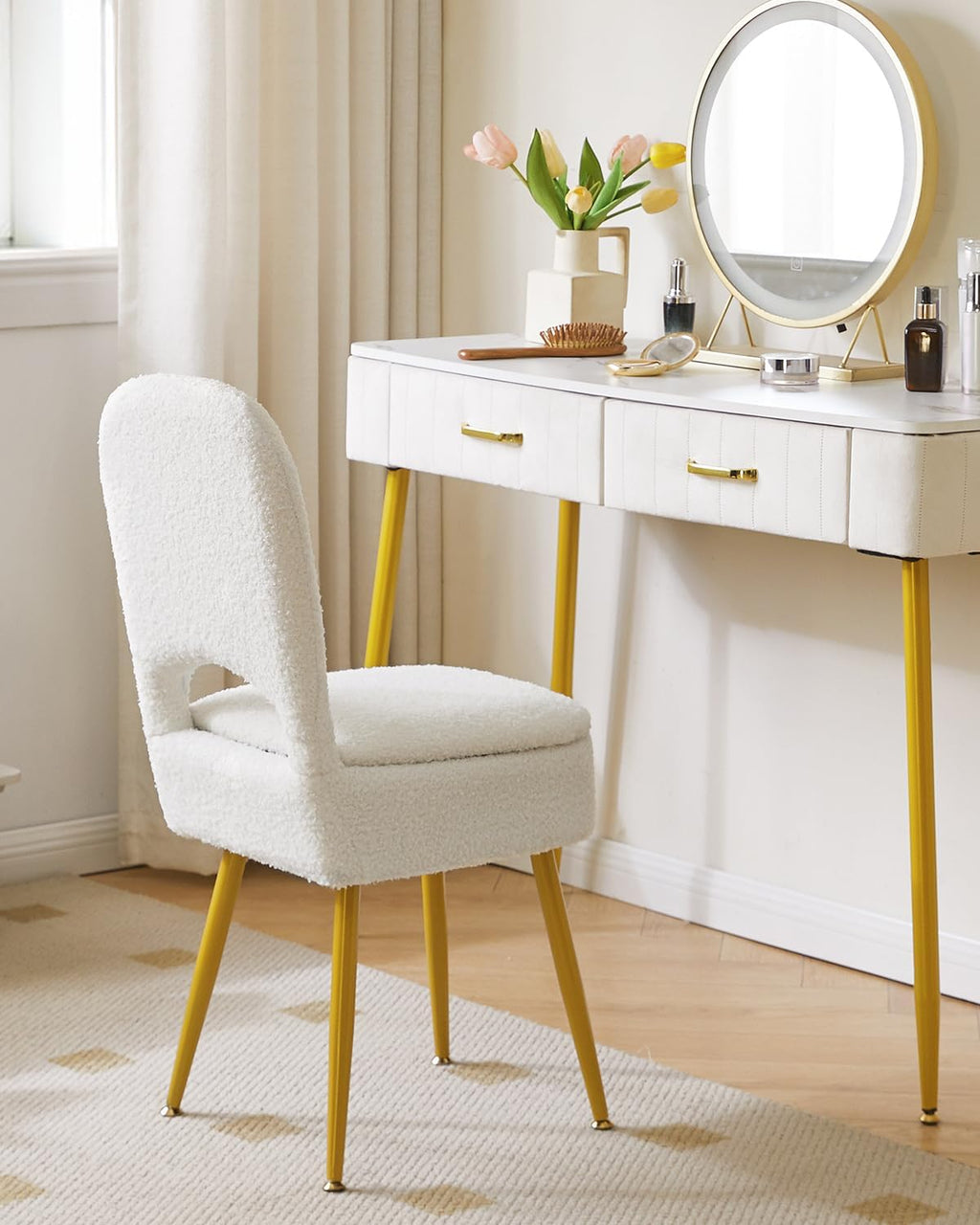 IBUYKE Small Storage Vanity Stool with Folding Backrest, 12.99" x 13.78" x 31.5" Square Teddy Velvet Ottoman, Makeup Chair for Living Room, 4 Metal Legs with Anti-Slip Feet, White WBD027W