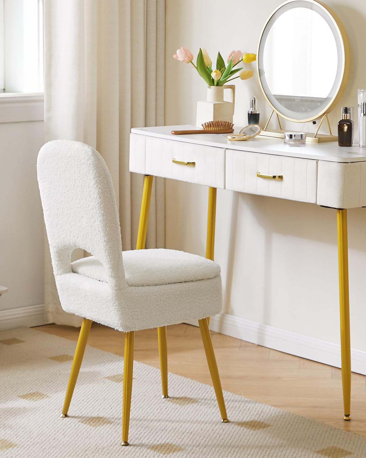 IBUYKE Small Storage Vanity Stool with Folding Backrest, 12.99" x 13.78" x 31.5" Square Teddy Velvet Ottoman, Makeup Chair for Living Room, 4 Metal Legs with Anti-Slip Feet, White WBD027W