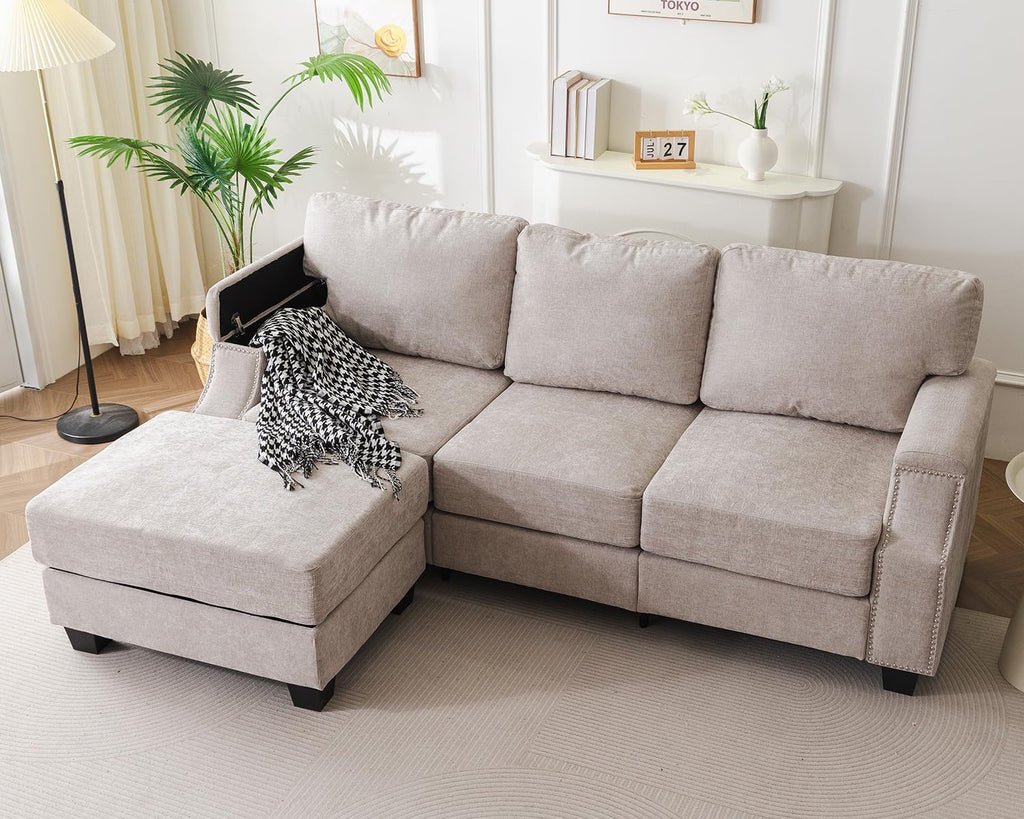 85" Sectional Sofa Couch with Storage Ottoman,L Shaped Couch with Armrest Organizer,3-Seater Sofa,Small Modular Couches for Living Room,Bedroom,Apartment,Chenille,Khaki