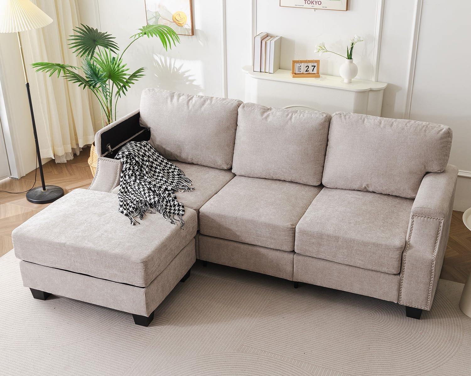85" Sectional Sofa Couch with Storage Ottoman,L Shaped Couch with Armrest Organizer,3-Seater Sofa,Small Modular Couches for Living Room,Bedroom,Apartment,Chenille,Khaki