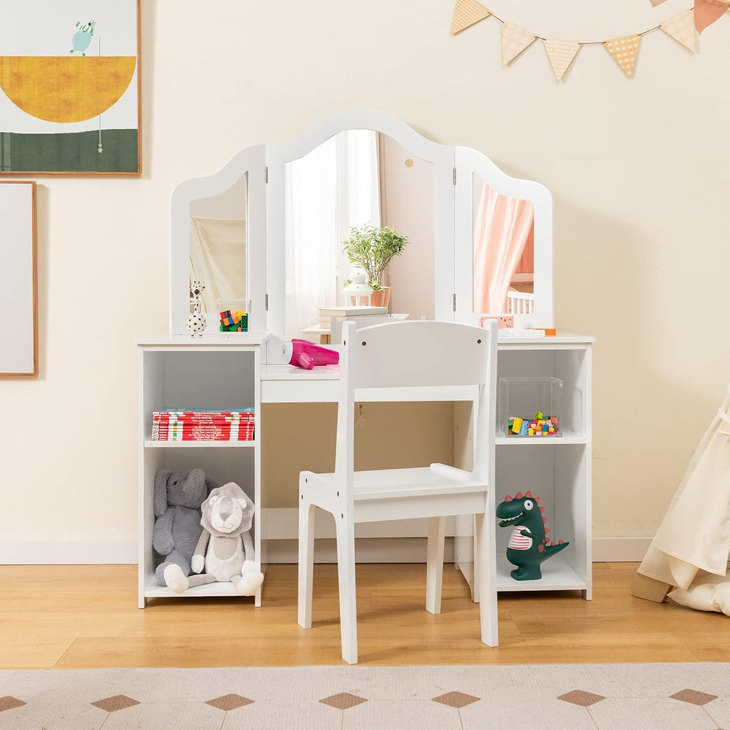 HONEY JOY Kids Vanity, Little Girls Vanity Set with Mirror and Stool, Storage Shelves, Wooden Princess Makeup Dressing Table, Toddler Vanity, Pretend Play Kids Vanity Table and Chair Set (White)