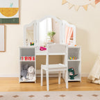 HONEY JOY Kids Vanity, Little Girls Vanity Set with Mirror and Stool, Storage Shelves, Wooden Princess Makeup Dressing Table, Toddler Vanity, Pretend Play Kids Vanity Table and Chair Set (White)